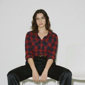 Plaid Button-Down Shirt Red Blue Check Women's XS